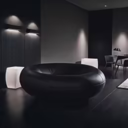 the room has an oval shaped chair in it