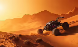 the four - wheeled vehicle is in the desert and kicking up dust