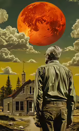 man with an old house in the background looking at the sky, while the sun is rising