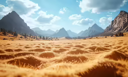 a yellow mountain and field covered in dry grass