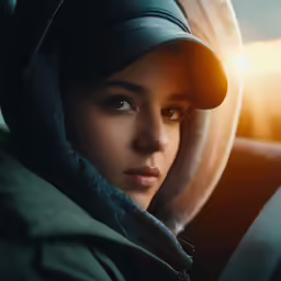 a woman is in the car with head phones