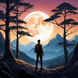 the man is standing on top of a hill staring at a moon
