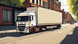 a flatbed truck is driving down the street,a big truck on the road that is lined with cars