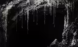 the cave has icicles hanging down and it looks like melting ice