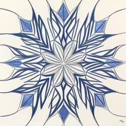 a sketch of a flower in blue ink,a drawing of a flower with leaves on it