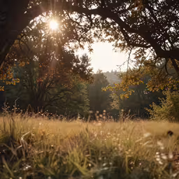 a forest with tall grass and yellow flowers