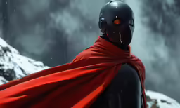 a character with a dark face and long red cape