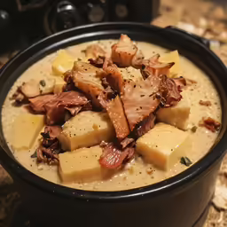 a bowl filled with some soup next to a plate of food