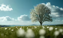 a tree in the middle of a field with grass and flowers