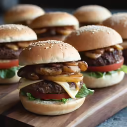 hamburgers with onions, lettuce, tomato, and cheese