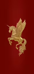 a golden unicorn is flying over a red background,a gold unicorn riding on its hind legs