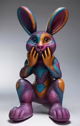 a close up of a statue of a rabbit with one hand on its face