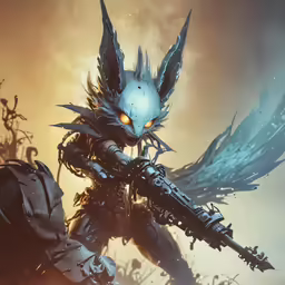 an art work shows an alien with a large gun