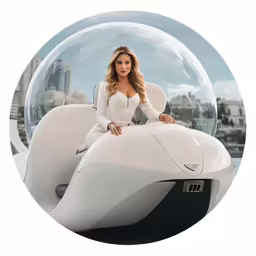an elegant woman sitting on the back of a futuristic vehicle