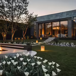 lit up flowers and bushes are in front of a modern house