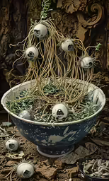 a bowl filled with lots of fake heads
