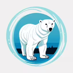 a polar bear in front of water and a circle,a polar bear standing in front of an ocean,a polar bear standing on some rocks near water,a polar bear standing in front of some trees,a polar bear with a blue circle around its neck