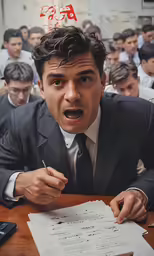 a man in suit sitting at a desk with papers