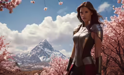 a woman in an armor next to a flowering tree