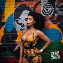 the woman is posing in front of a wall