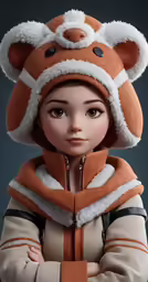 a girl wearing a bear hat and scarf