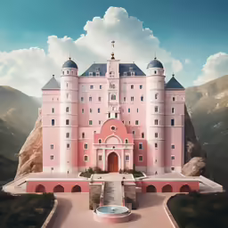 a pink palace with blue roof and white trim on a mountain
