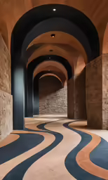 long winding tunnel in a building with black and tan carpet