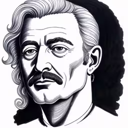 the black and white drawing of thomas shakespeare,a drawing of an elderly man with a mustache,an ink drawing of a man with long hair and a mustache,an old drawing of the face of a man with white hair,a drawing of a man with curly hair and mustache