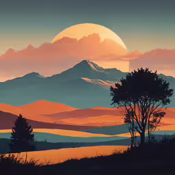 sunset painting of mountains with trees and the moon,a colorful sunset view, with a large moon and a mountain