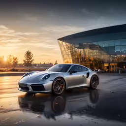 a silver porsche sports car parked in front of a large building