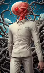 a man in a suit with a strange red face