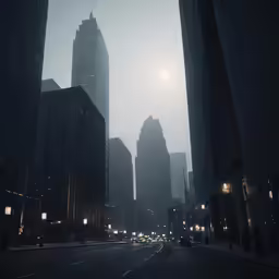 the city lights shine on a hazy day