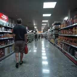 people walk down the aisle in a store