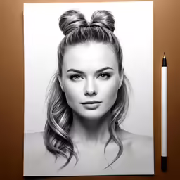 a drawing of a young woman with a bun