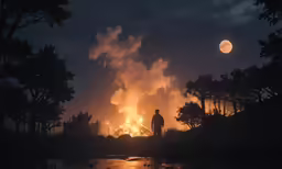 a man in silhouette looking at the flames from a burning house