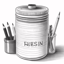 a mason jar is filled with pens and pencils