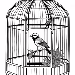 bird sitting on the top of a cage in a tree,a bird inside of a bird cage with leaves