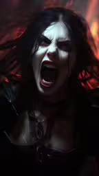 a demonic looking woman is shouting while wearing a costume,the female demon in this painting is an expression of evil women