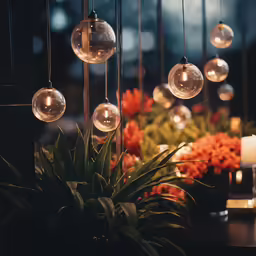 the lights are hanging over the potted plant