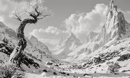 a black and white photo of a snowy mountain range