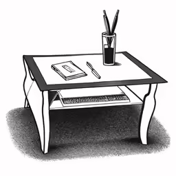 a pencil drawing of an office table with a computer on top