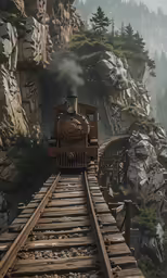 a train traveling over a bridge surrounded by rocky mountains