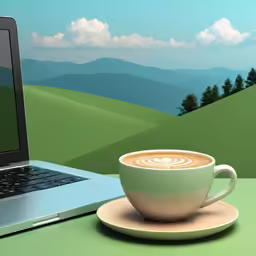 a cup of coffee with a saucer sits next to an open laptop computer