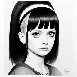 a girl with bangs in black and white