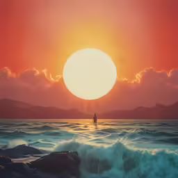 a surfer stands in the middle of a body of water under an orange and blue sky