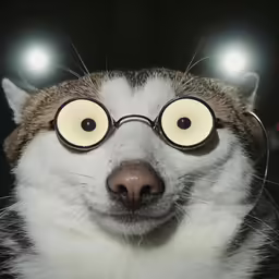 a dog wearing large round glasses with a light on