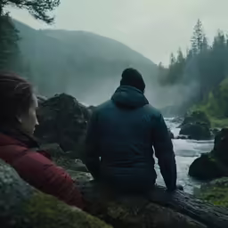 a person is sitting next to a river