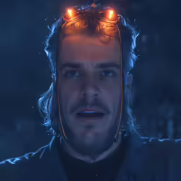 a man with bright lights on his head and shoulders