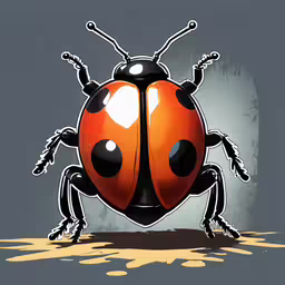 a very big lady bug on a gray surface,a ladybug, with two legs and black spots on its body