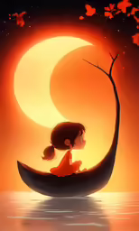 the cartoon is very cute with a child on a boat